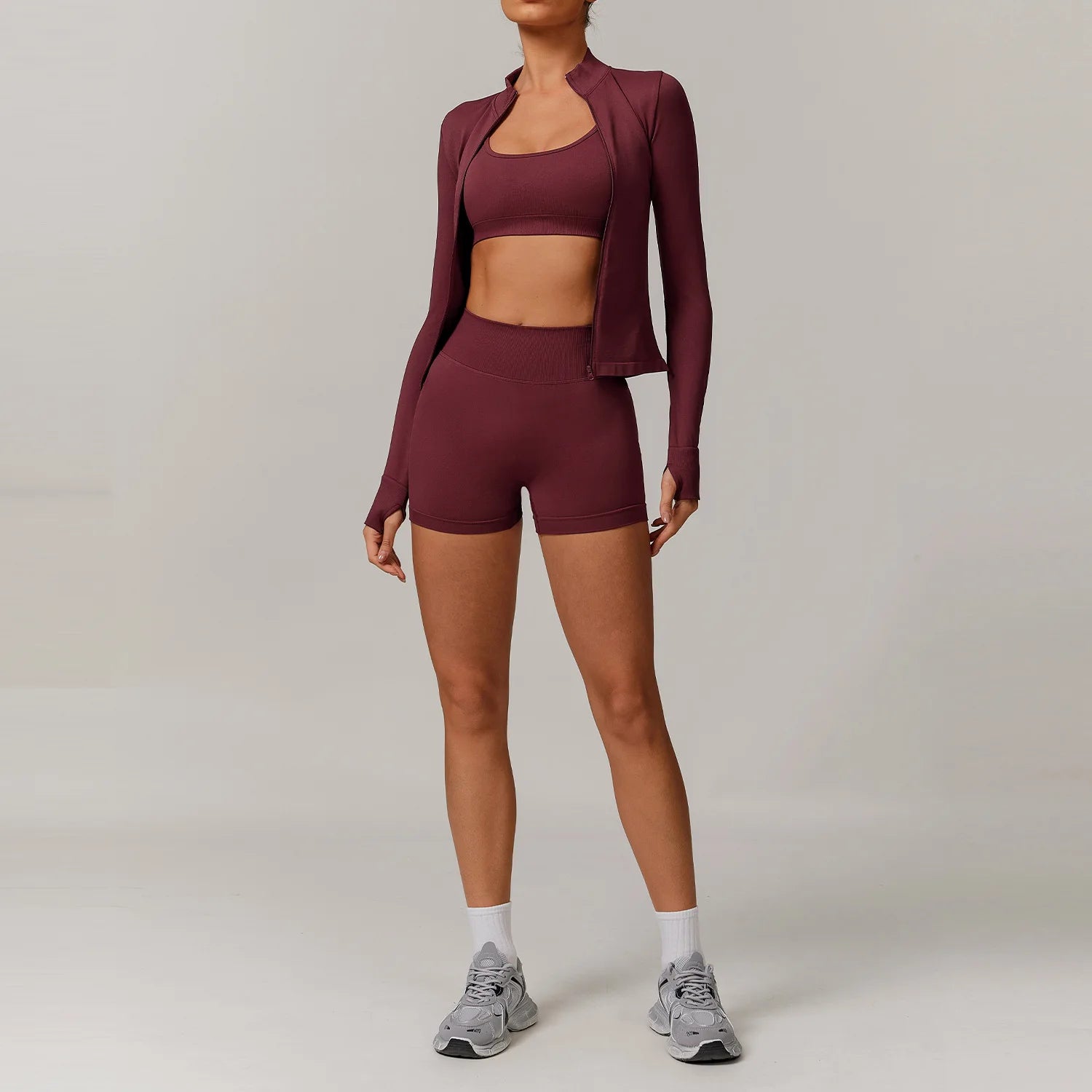 3 Piece Yoga Set – Sports Bra, Long Sleeve Crop Top & High Waist Shorts Seamless Activewear