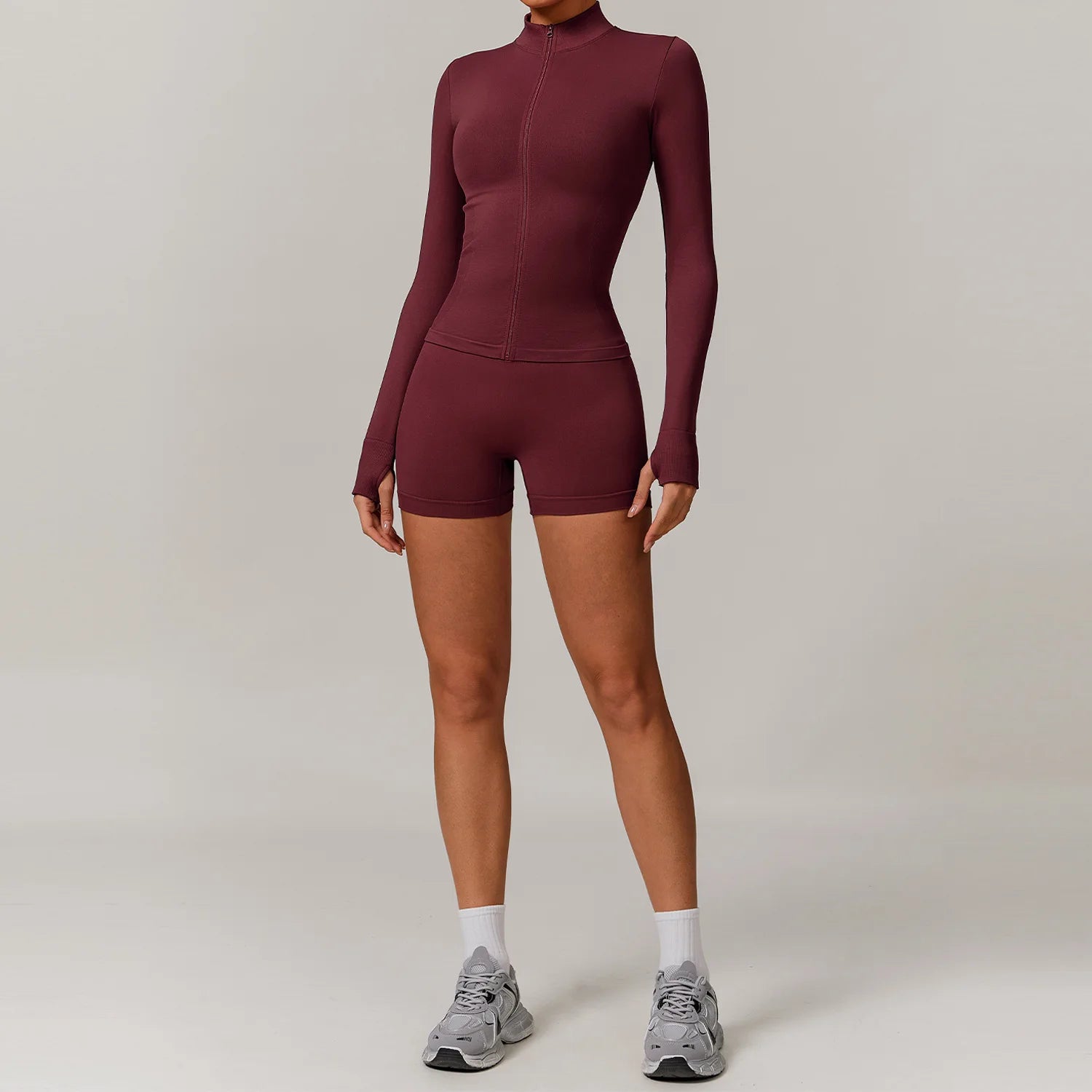 2 Piece Yoga Set – Long Sleeve Zip Crop Top & High Waist Shorts Seamless Activewear