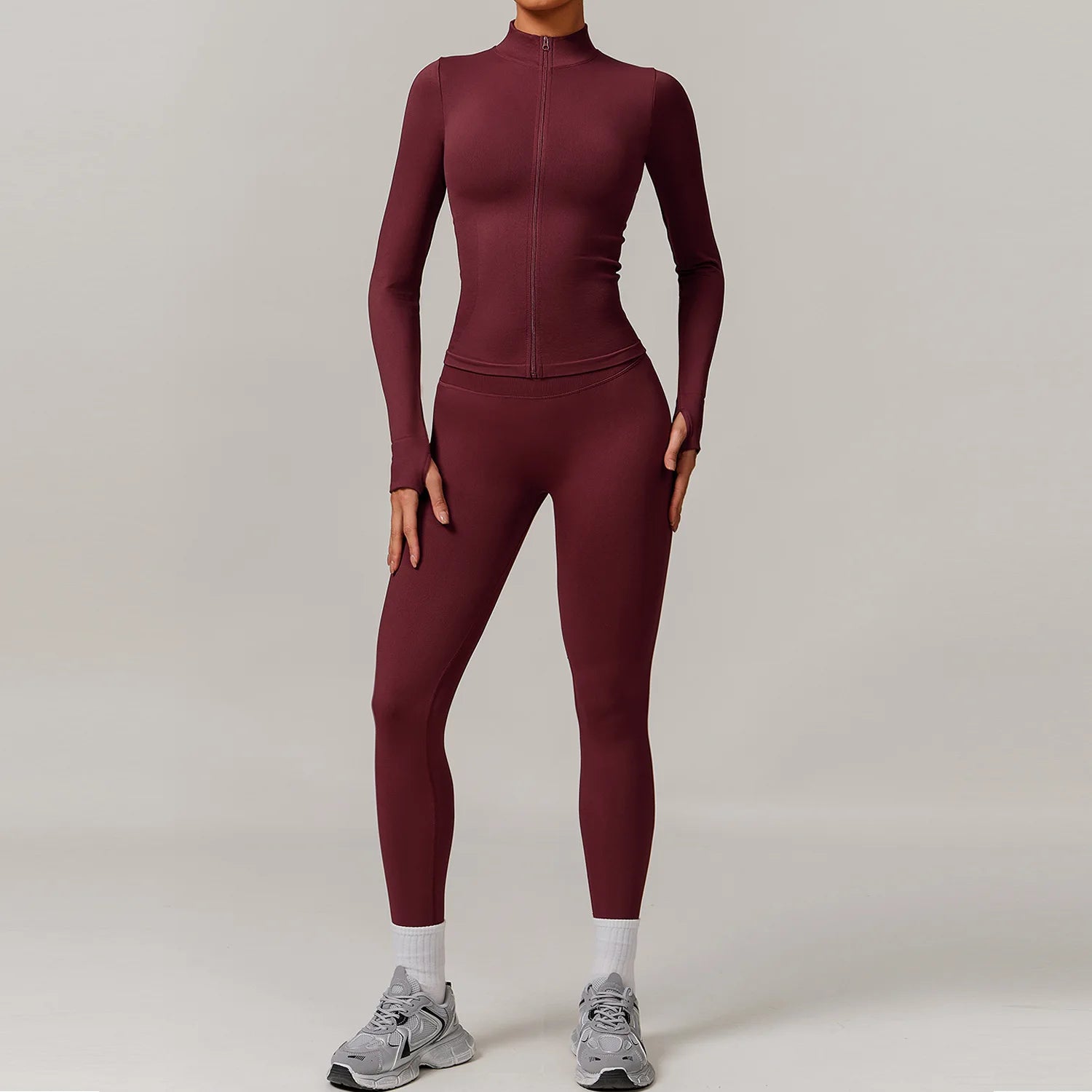 2 Piece Yoga Set – Long Sleeve Zip Crop Top & High Waist Leggings Seamless Activewear