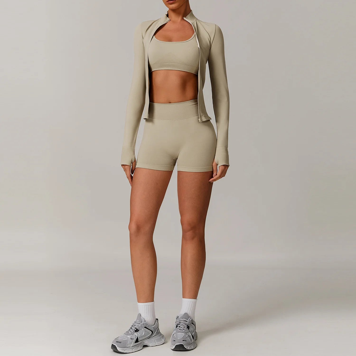 3 Piece Yoga Set – Sports Bra, Long Sleeve Crop Top & High Waist Shorts Seamless Activewear