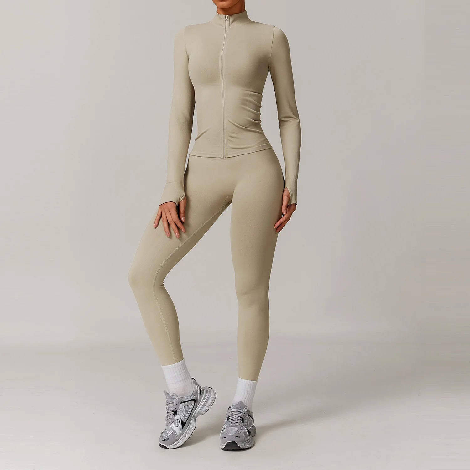 2 Piece Yoga Set – Long Sleeve Zip Crop Top & High Waist Leggings Seamless Activewear