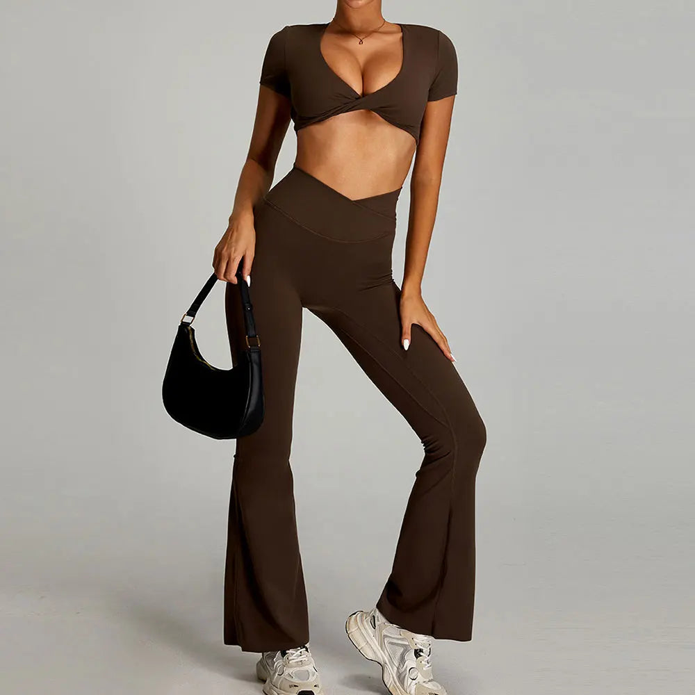 2 Piece Yoga Set – Short Sleeve Crop Top & Flared Leg Pants Gym Activewear