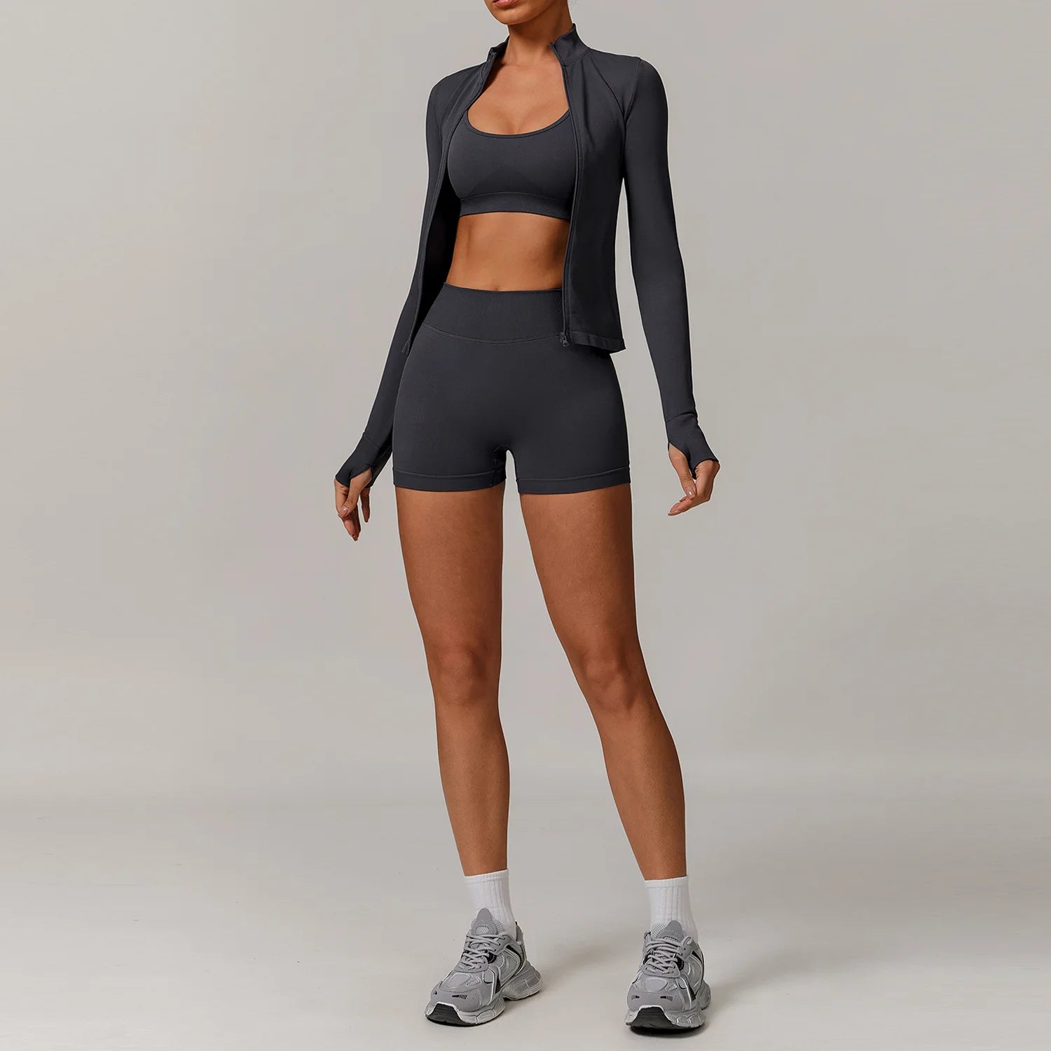 3 Piece Yoga Set – Sports Bra, Long Sleeve Crop Top & High Waist Shorts Seamless Activewear