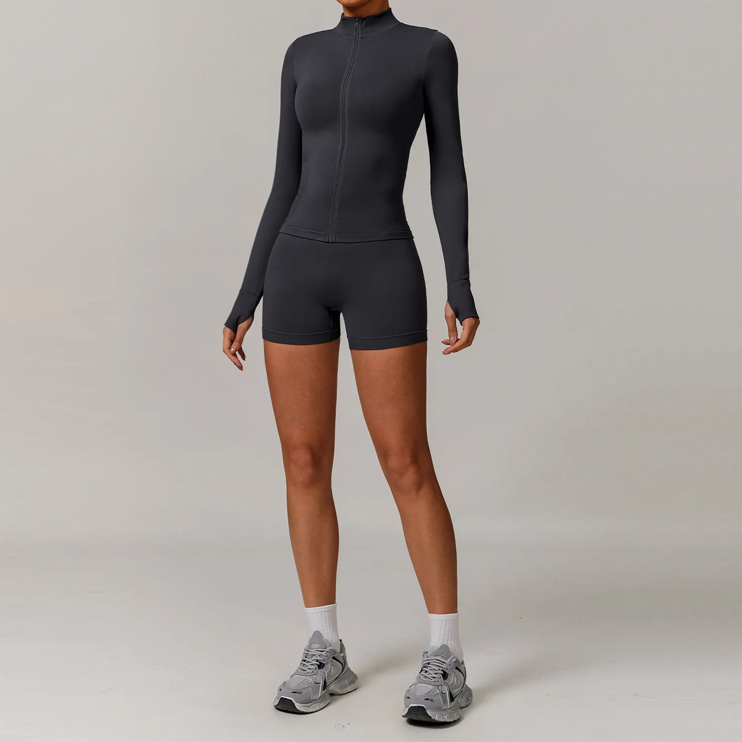 2 Piece Yoga Set – Long Sleeve Zip Crop Top & High Waist Shorts Seamless Activewear