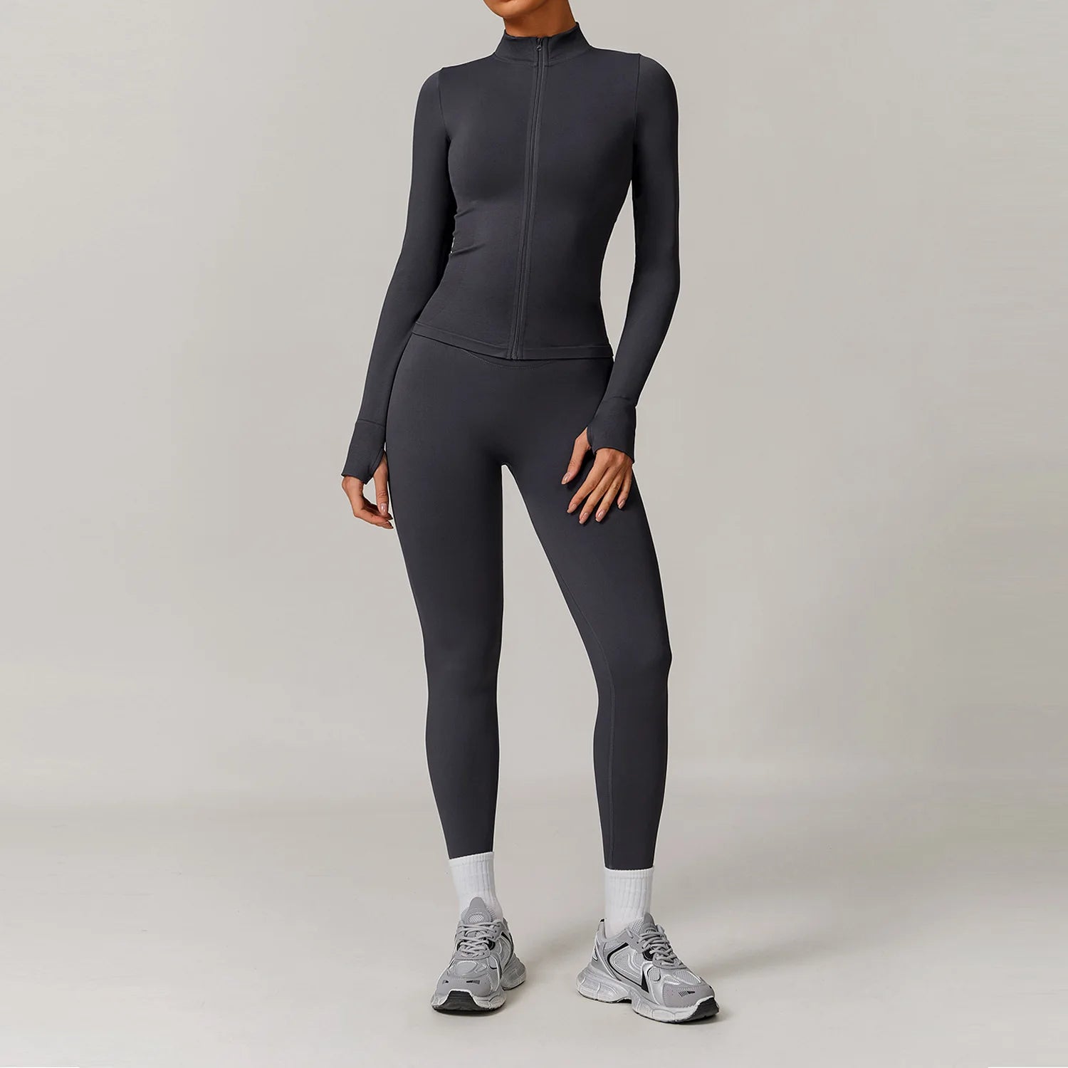 2 Piece Yoga Set – Long Sleeve Zip Crop Top & High Waist Leggings Seamless Activewear
