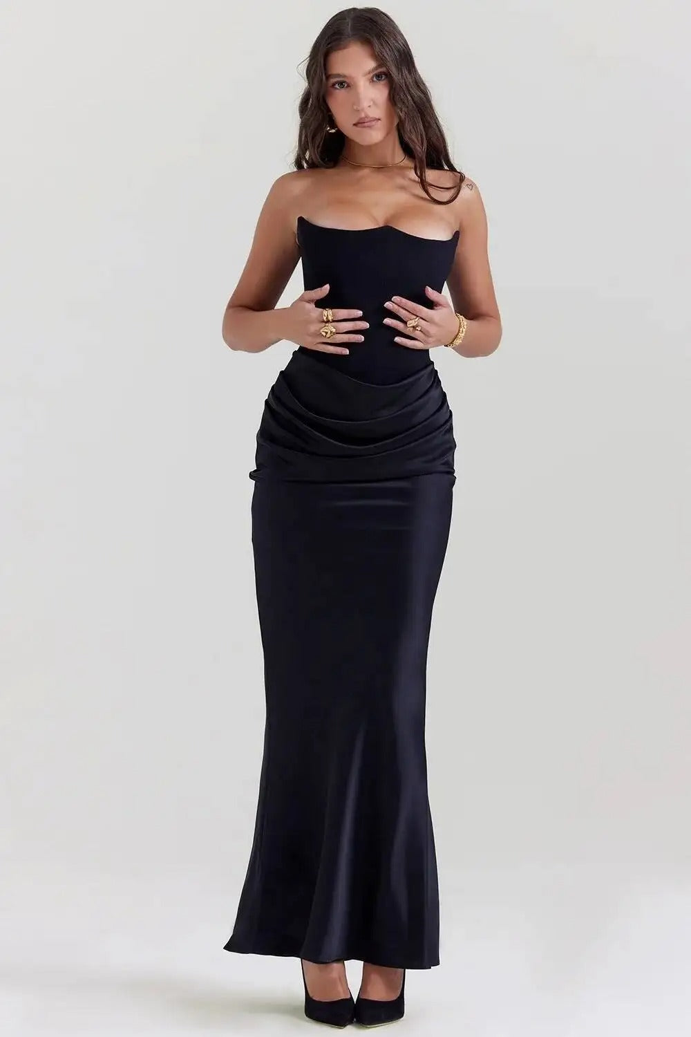 Satin Strapless Maxi Dress – Elegant Evening Party Gown