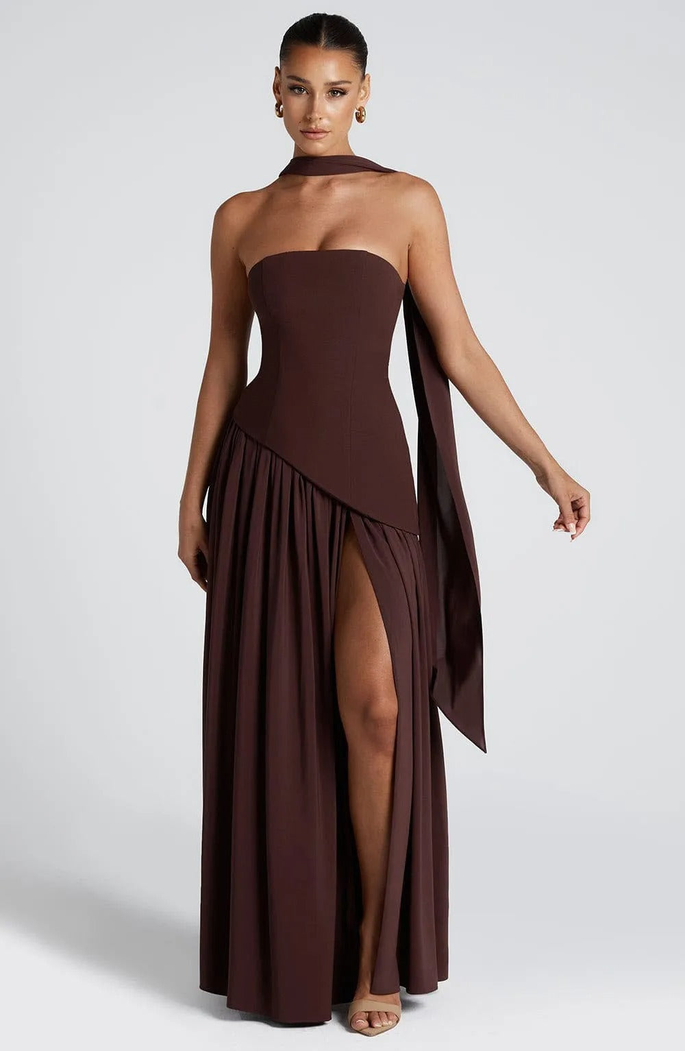 Strapless Maxi Dress – Elegant High Slit Chiffon Evening Gown