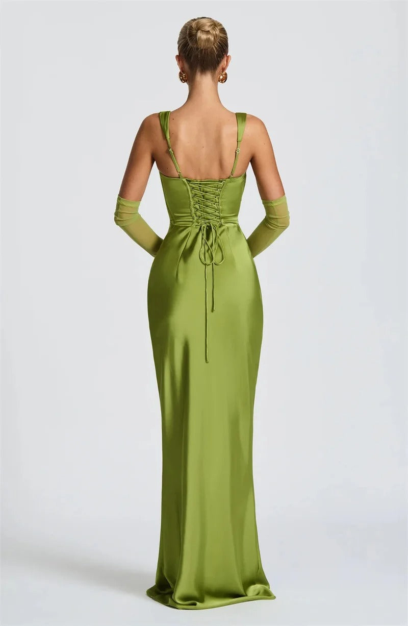 Elegant Lace Up Satin Backless Maxi Dress – Evening Gown