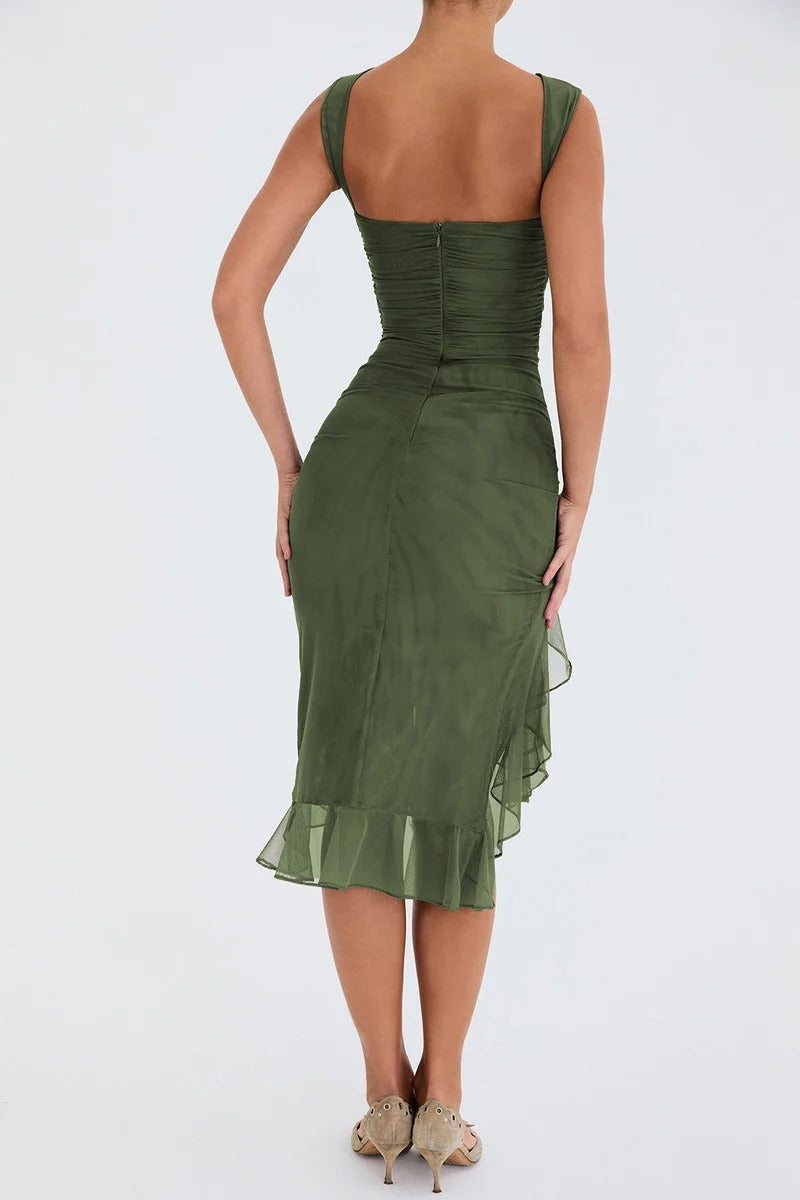 Ruffle Bodycon Dress – Sleeveless Ruched Midi Gown