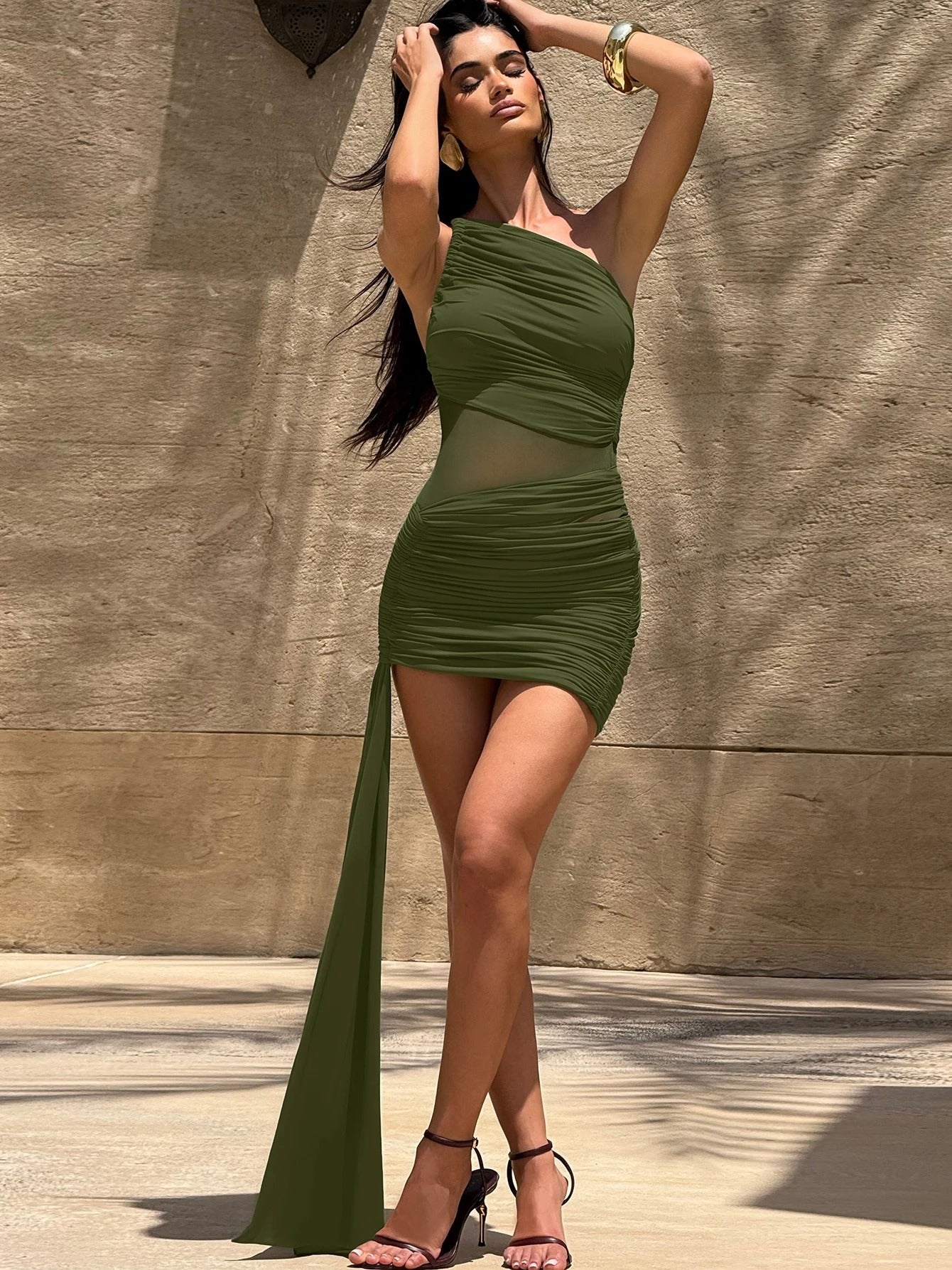 One Shoulder Mesh Patchwork Ruched Mini Dress