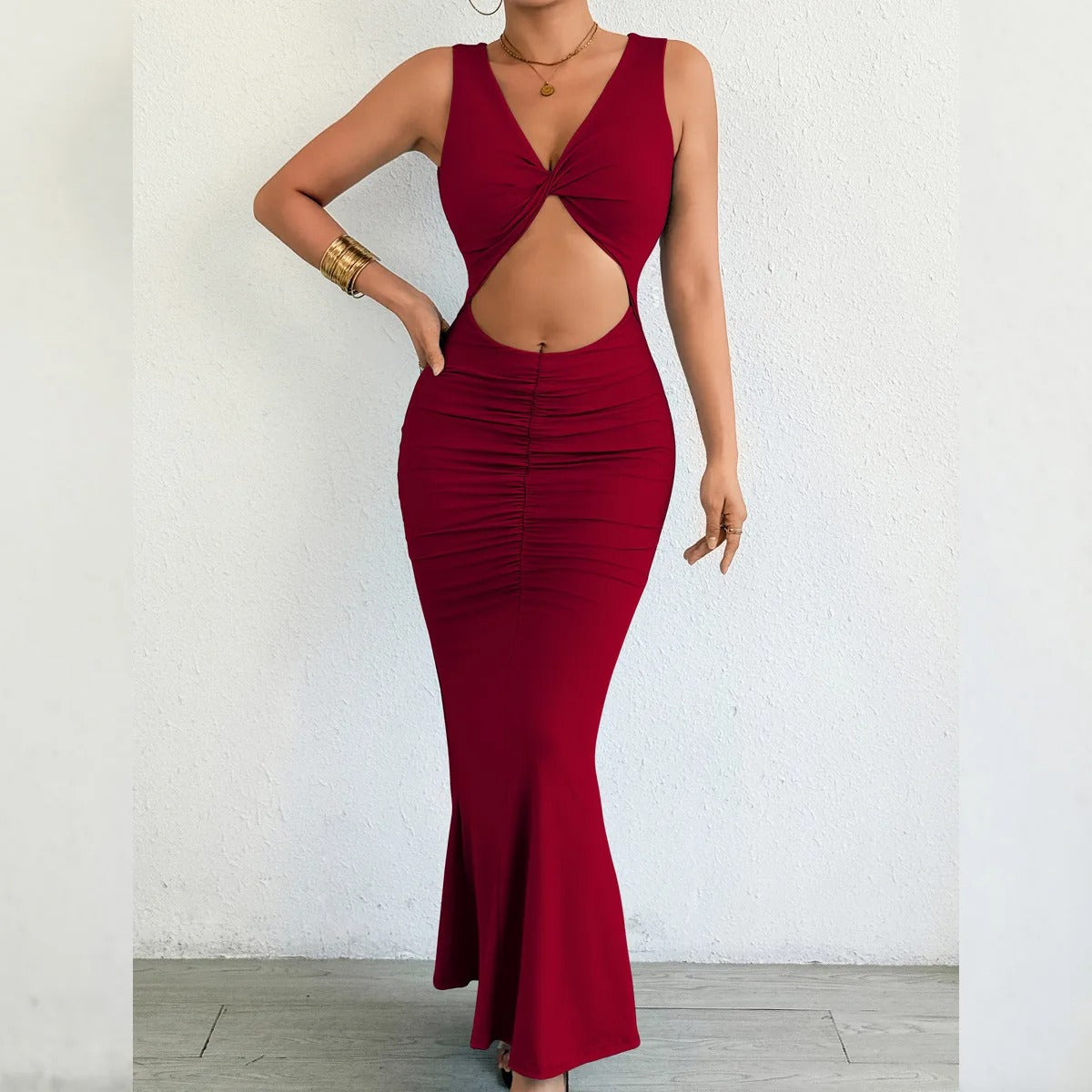 Cut Out Maxi Dress – Sleeveless Ruched Bodycon Evening Party Gown