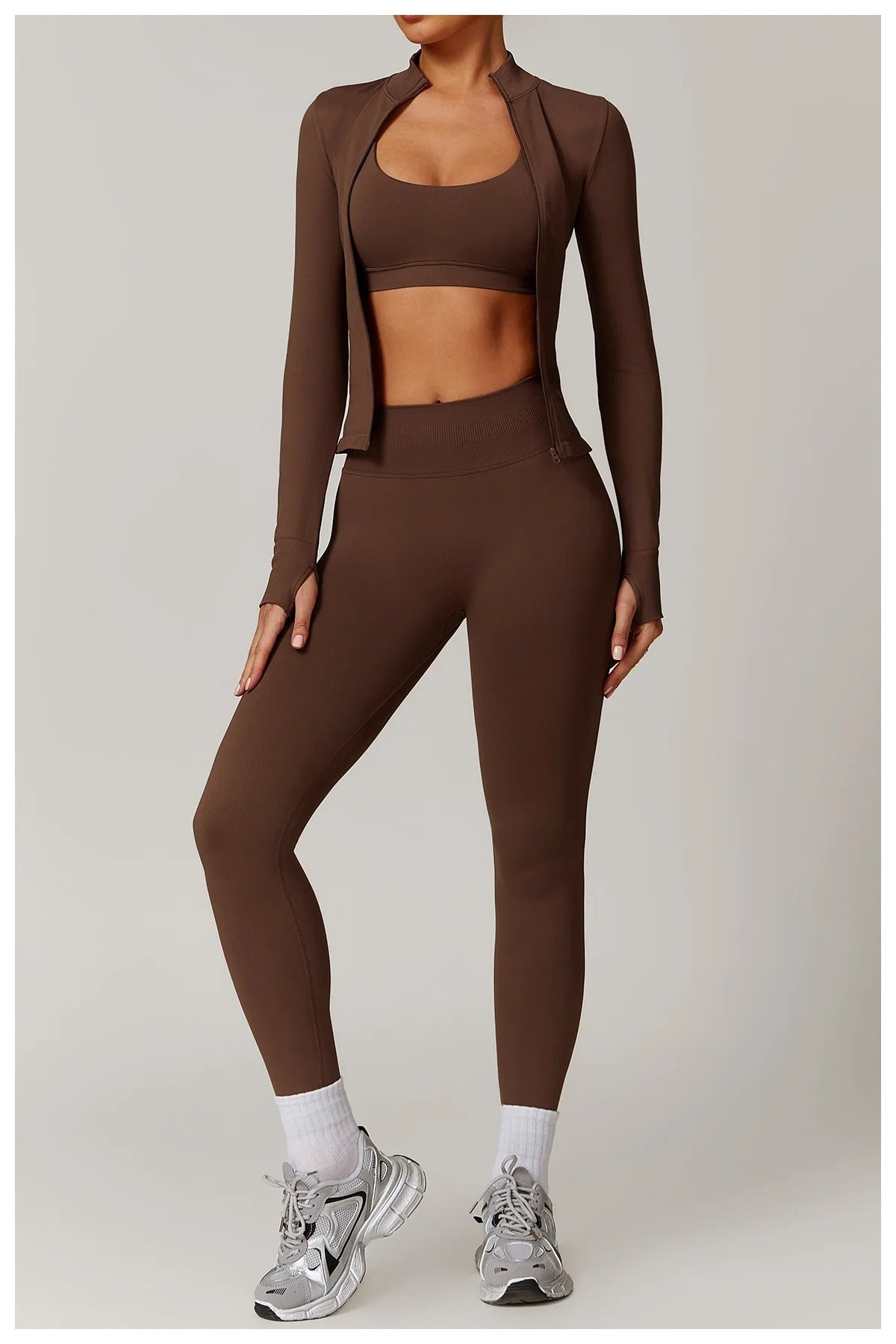 Seamless Yoga Set – Long Sleeve Zip Jacket & High Waist Leggings Gym Outfit