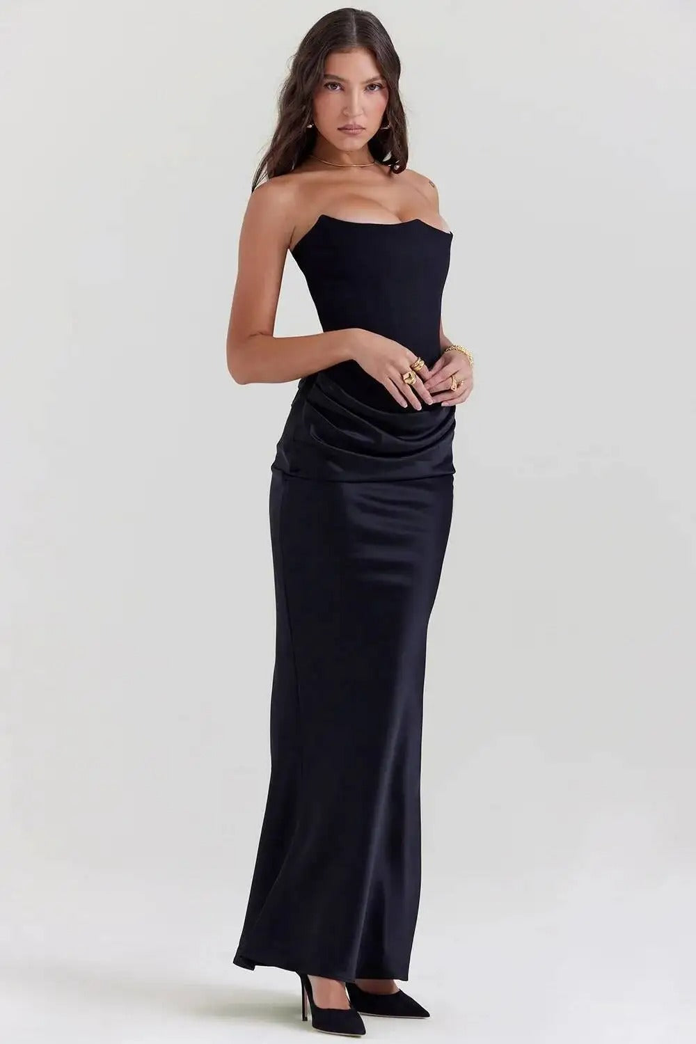 Satin Corset Strapless Maxi Dress – Elegant Off Shoulder Evening Gown
