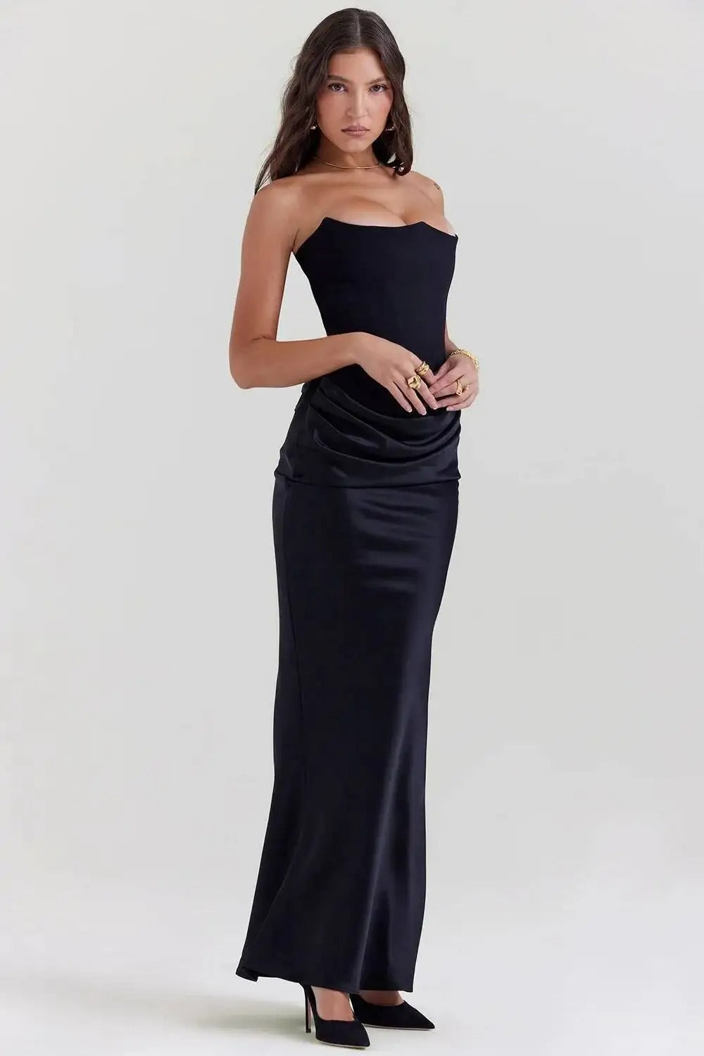 Satin Strapless Maxi Dress – Elegant Evening Party Gown