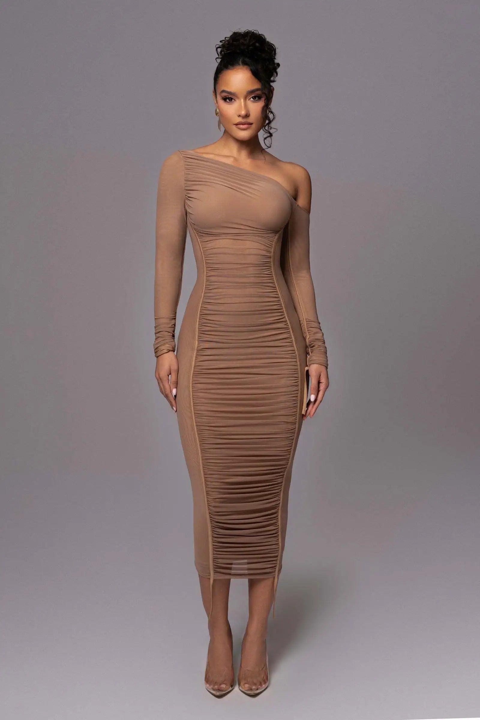 Elegant One Shoulder Long Sleeve Midi Dress – Bodycon Ruched Party Outfit