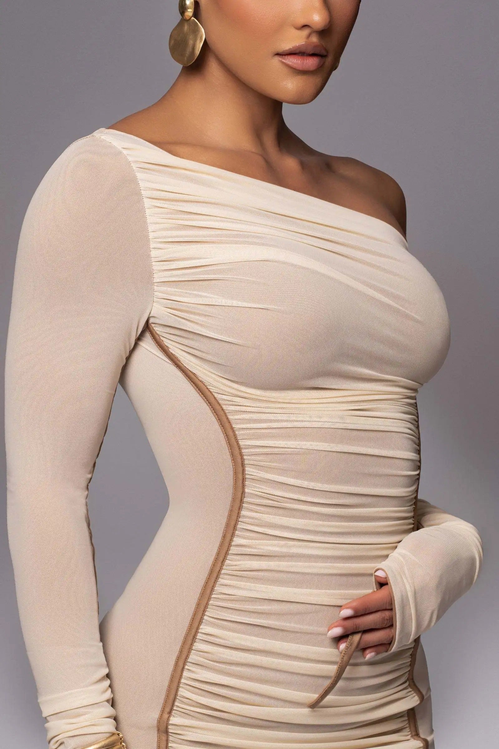 Elegant One Shoulder Long Sleeve Midi Dress – Bodycon Ruched Party Outfit
