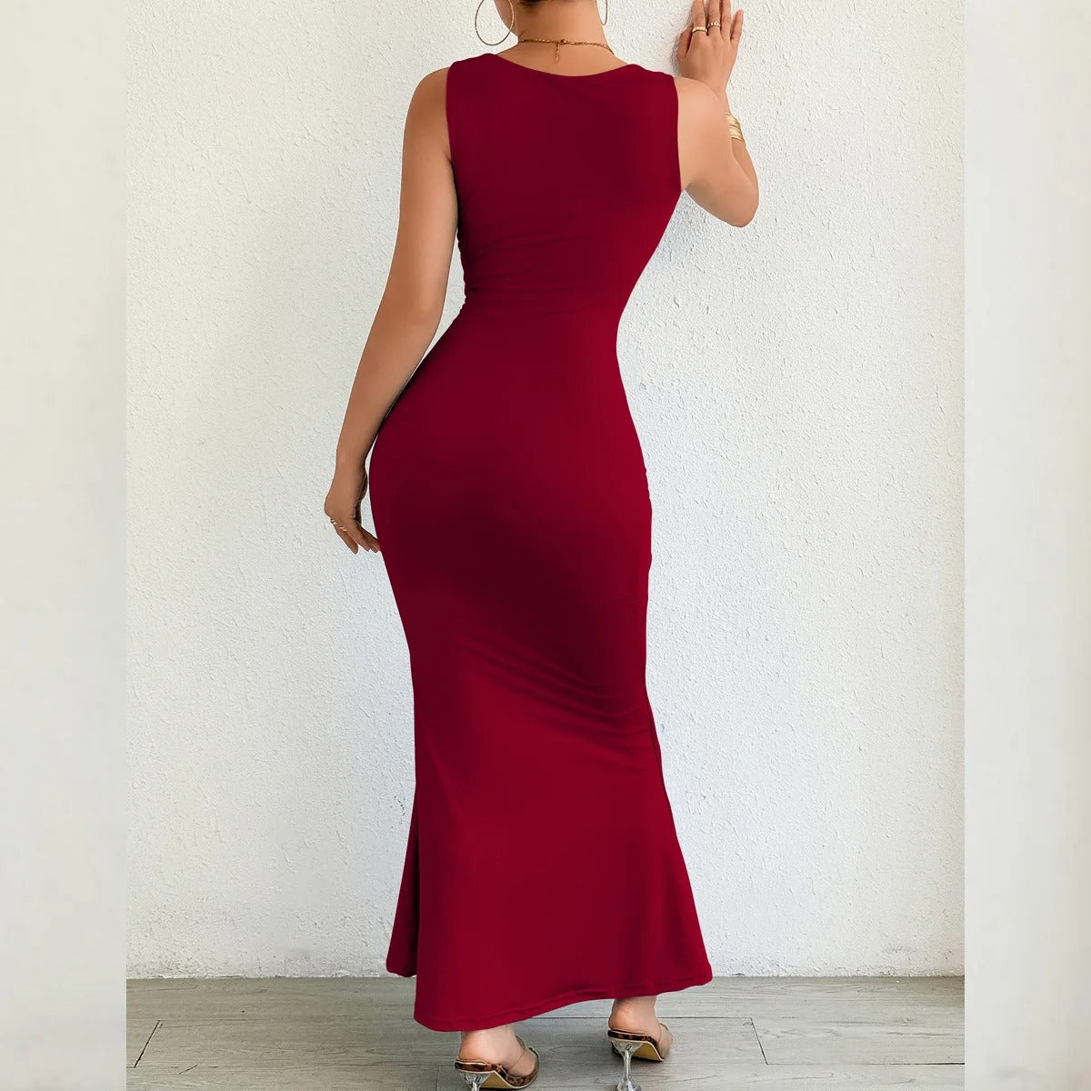 Cut Out Maxi Dress – Sleeveless Ruched Bodycon Evening Party Gown