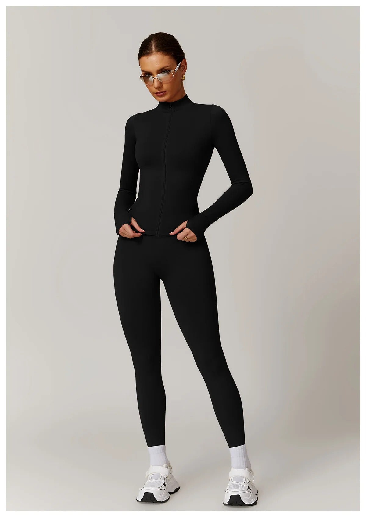 Seamless Yoga Set – Long Sleeve Zip Jacket & High Waist Leggings Gym Outfit
