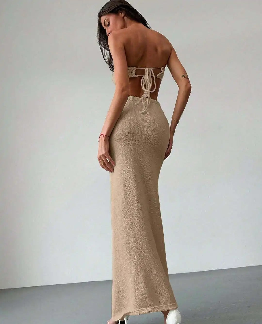 Knit Two Piece Set – Strapless Crop Top & Maxi Skirt Beach Outfit