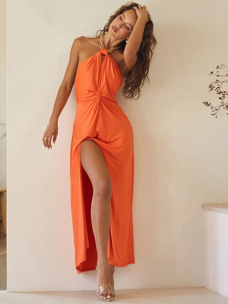 Halter Neck Maxi Dress – Satin High Slit Gown