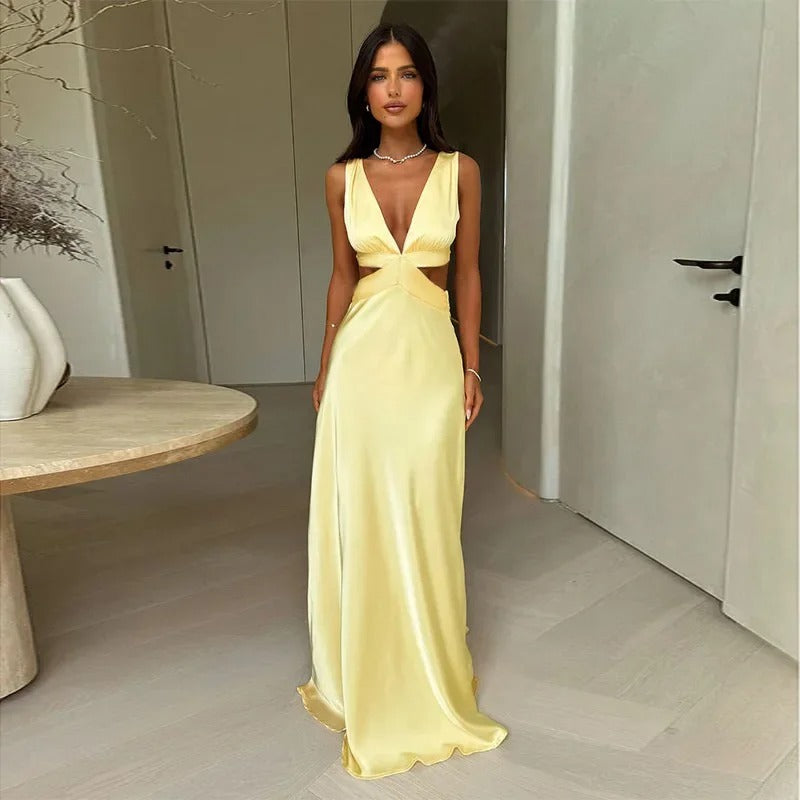 Satin Maxi Dress – Deep V Neck Cut Out Evening Gown