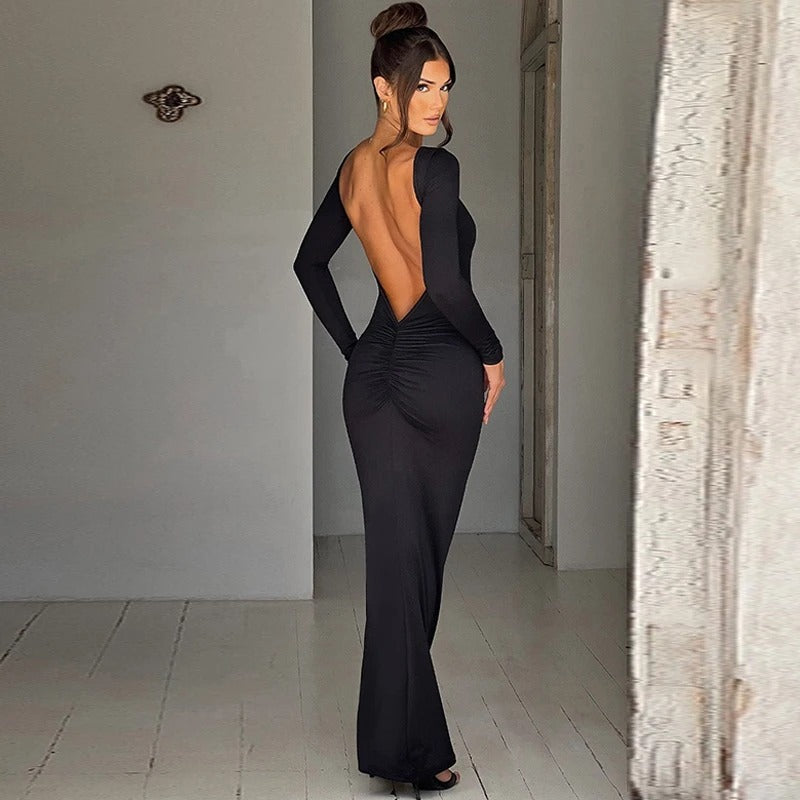Elegant Backless Maxi Dress – Long Sleeve Evening Gown