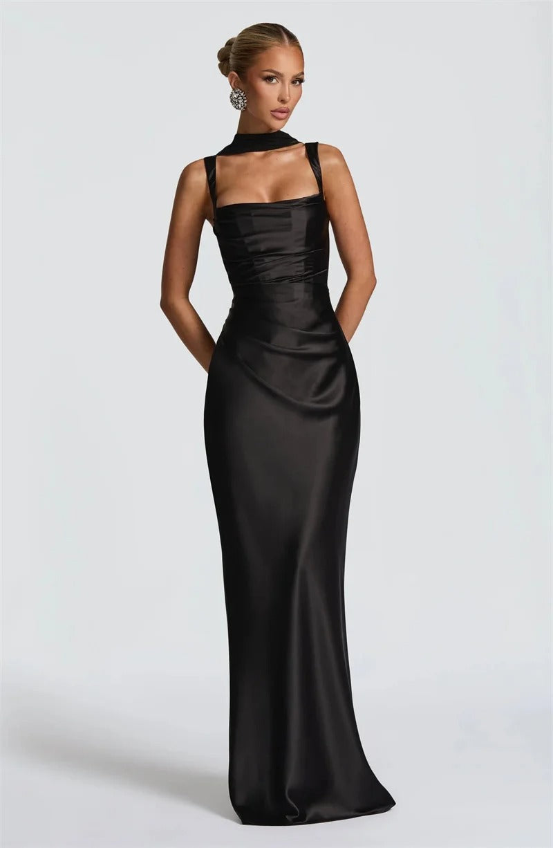Elegant Lace Up Satin Backless Maxi Dress – Evening Gown