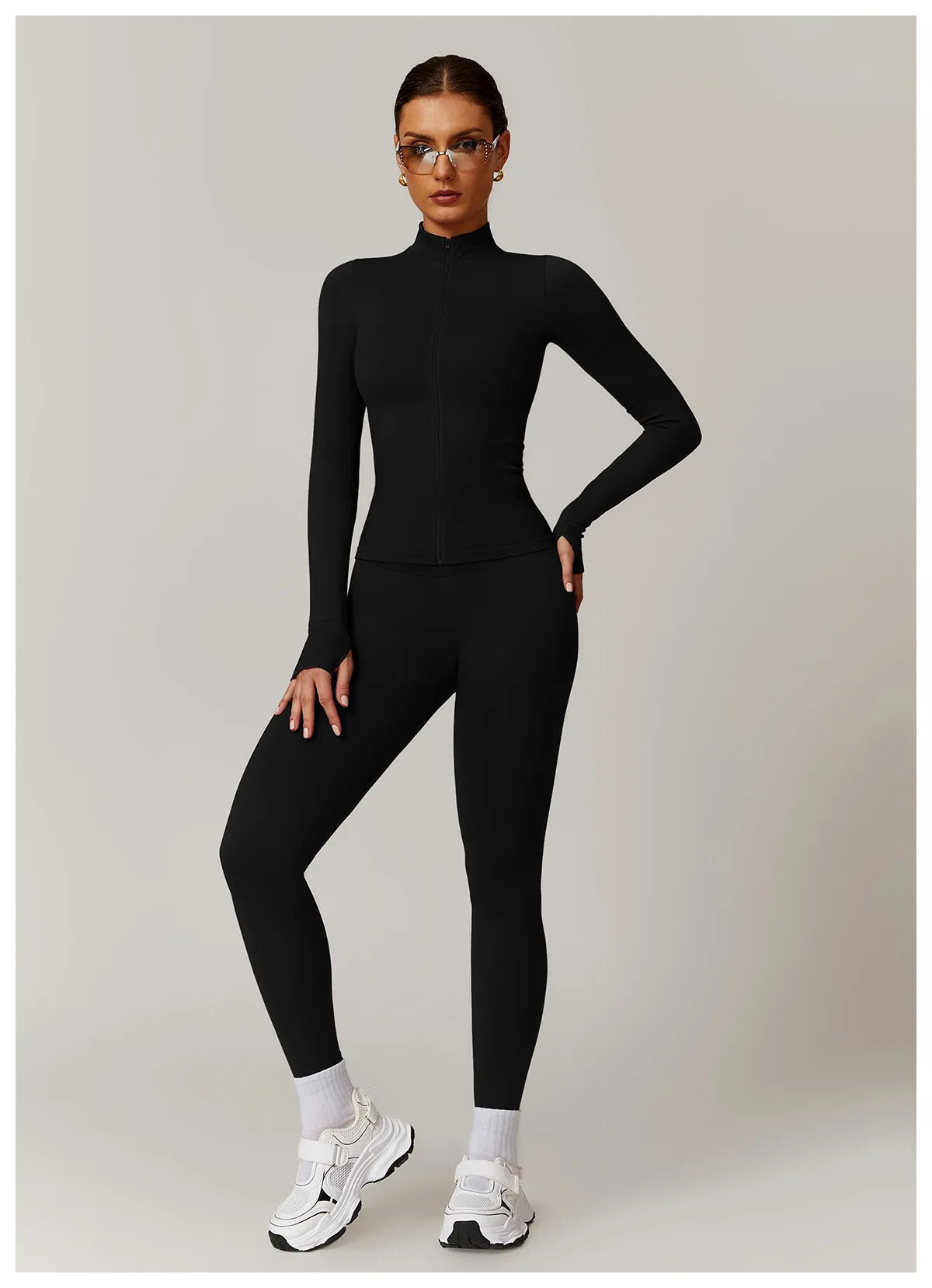 Seamless Yoga Set – Long Sleeve Zip Jacket & High Waist Leggings Gym Outfit