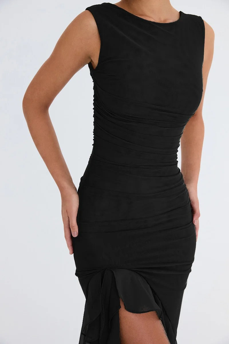 Ruffle Bodycon Dress – Sleeveless Ruched Midi Gown