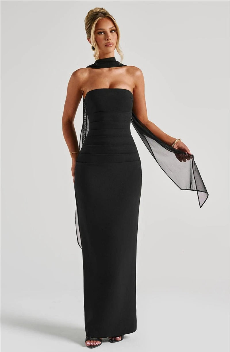 Elegant Strapless Maxi Dress – Scarf Neck Backless Evening Gown