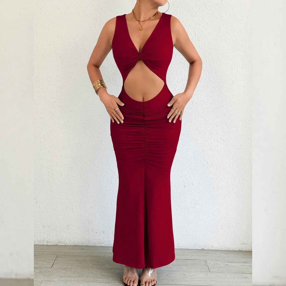 Cut Out Maxi Dress – Sleeveless Ruched Bodycon Evening Party Gown