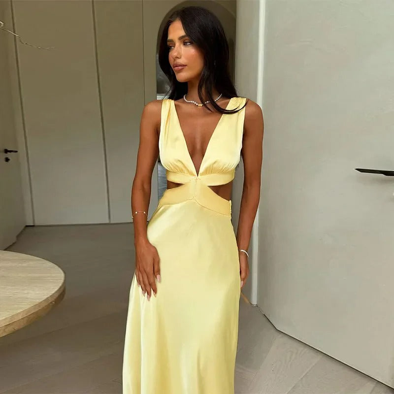 Satin Maxi Dress – Deep V Neck Cut Out Evening Gown