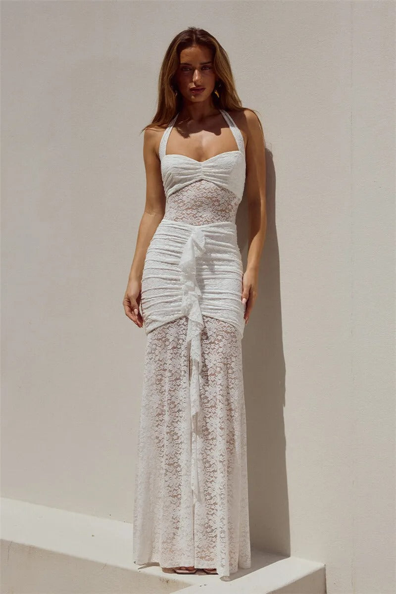 Lace Halter Maxi Dress – Elegant Ruched Summer Party Gown
