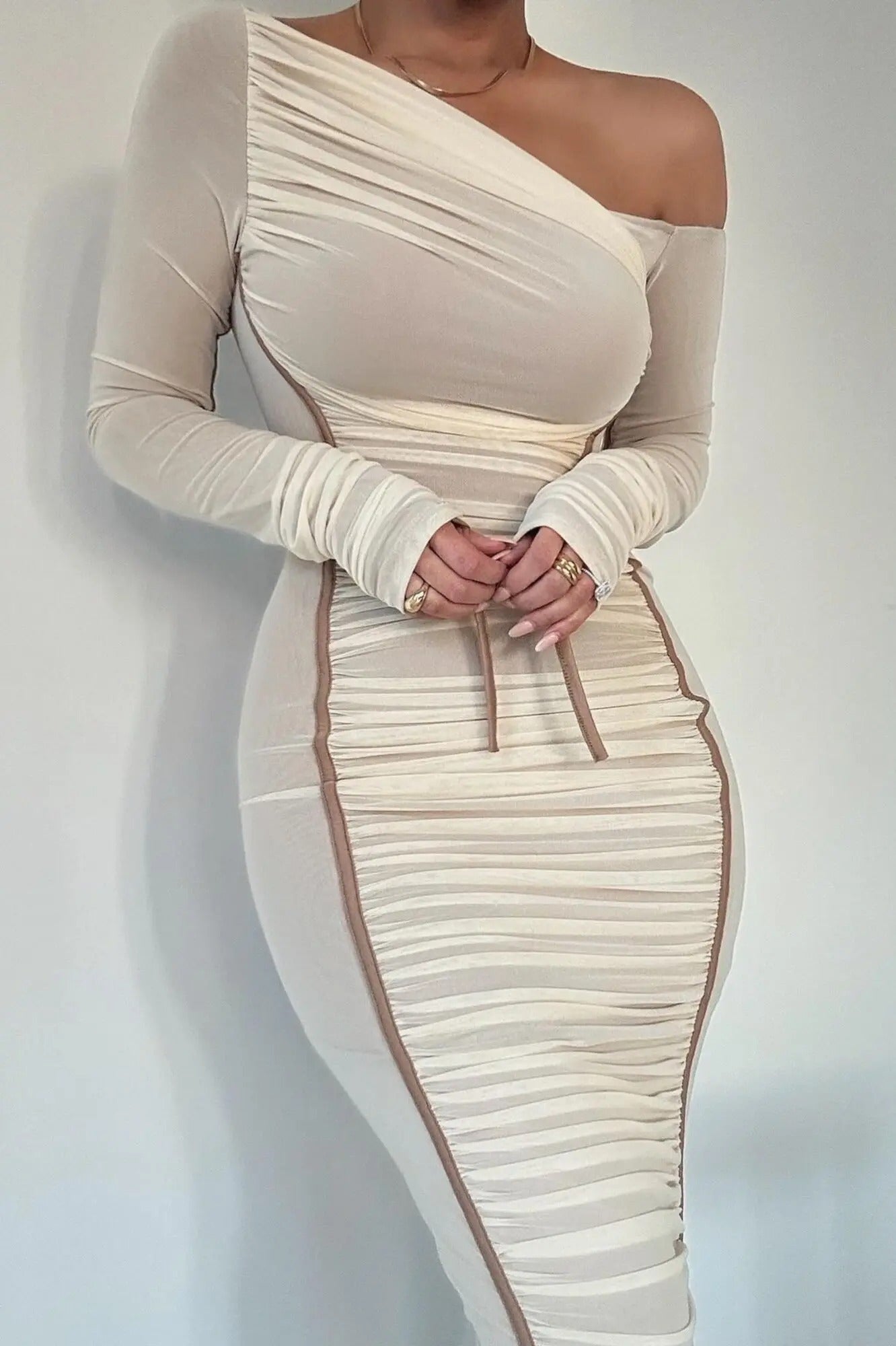 Elegant One Shoulder Long Sleeve Midi Dress – Bodycon Ruched Party Outfit