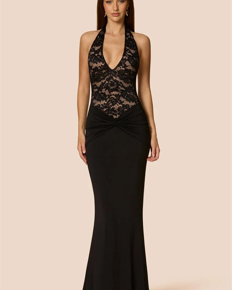 Lace Halter Maxi Dress – Backless Evening Party Gown