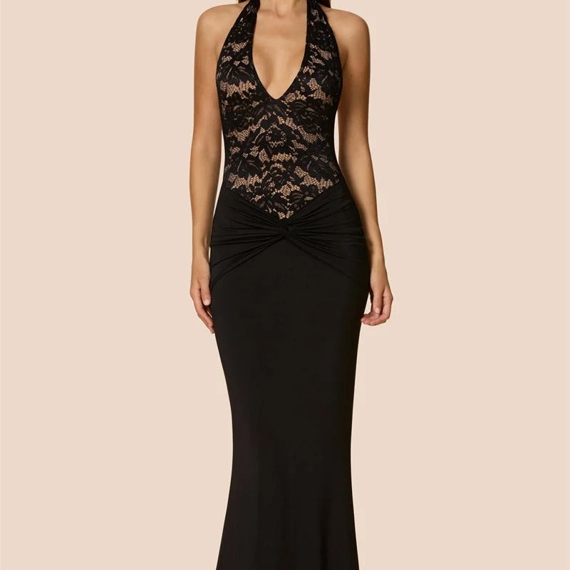 Lace Halter Maxi Dress – Backless Evening Party Gown