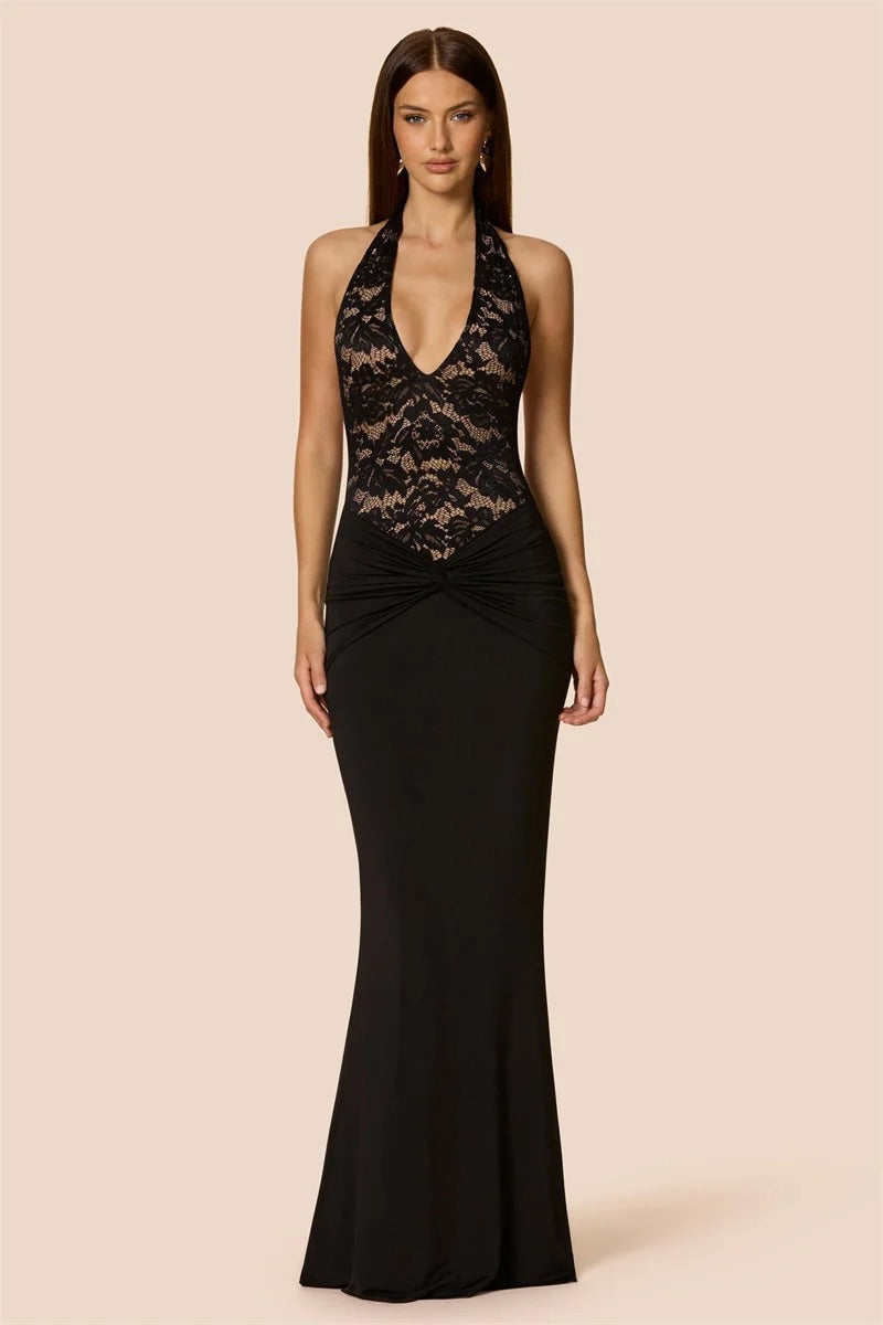 Lace Halter Maxi Dress – Backless Evening Party Gown