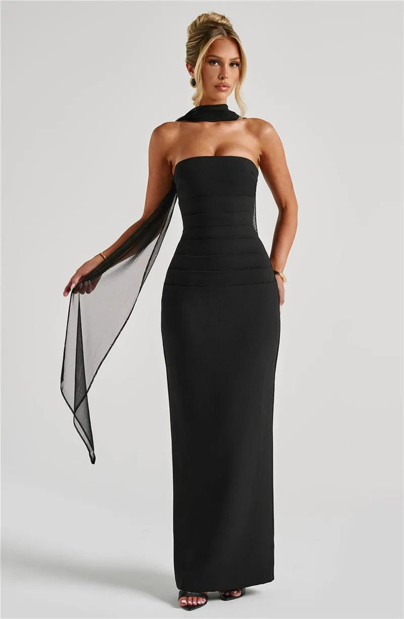 Elegant Strapless Maxi Dress – Scarf Neck Backless Evening Gown