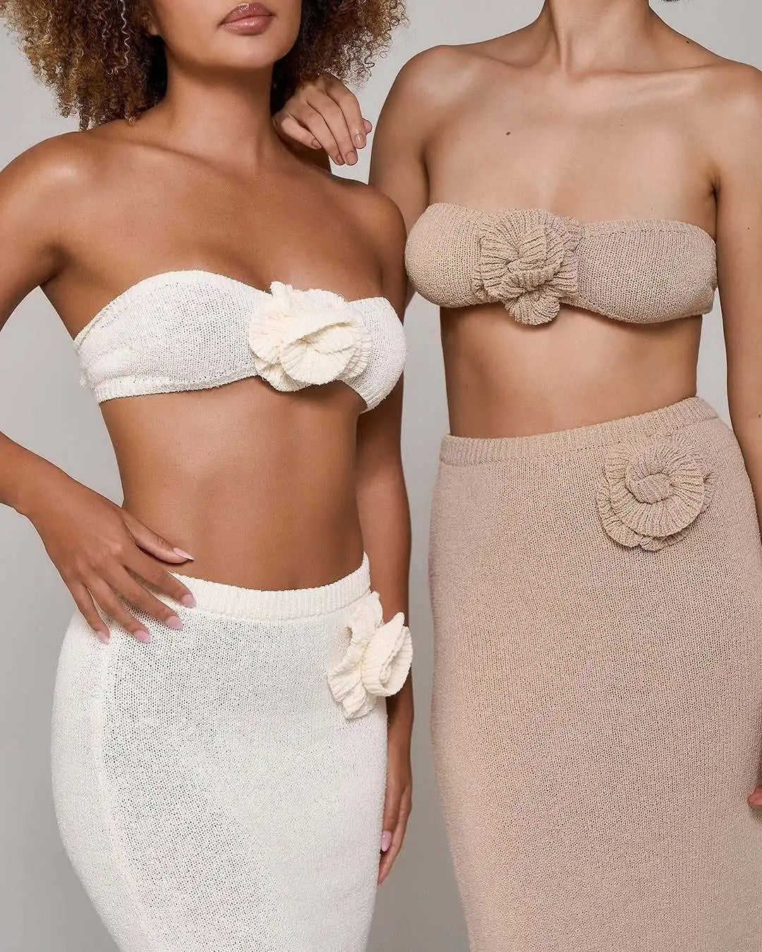 Knit Two Piece Set – Strapless Crop Top & Maxi Skirt Beach Outfit