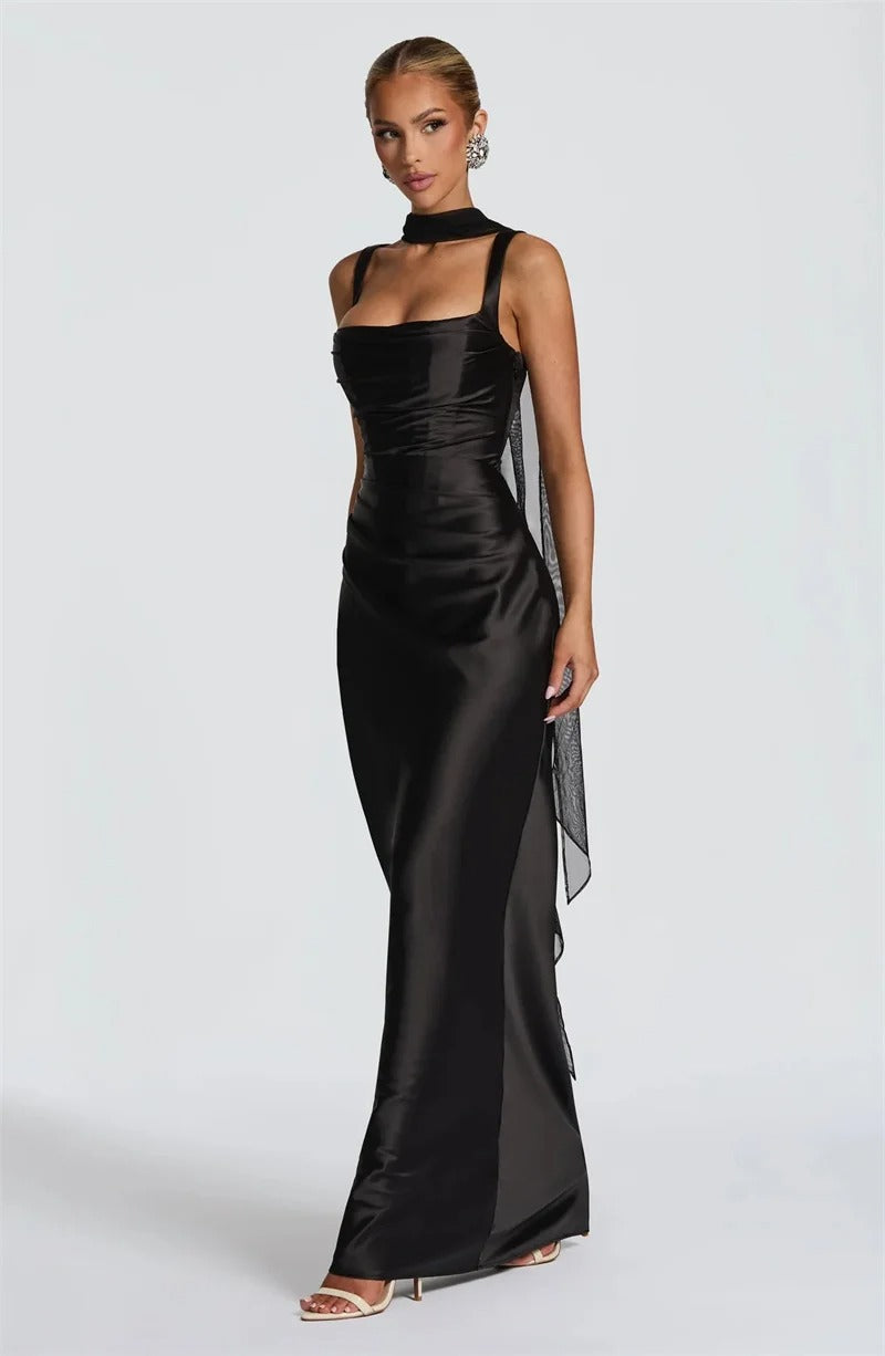 Elegant Lace Up Satin Backless Maxi Dress – Evening Gown