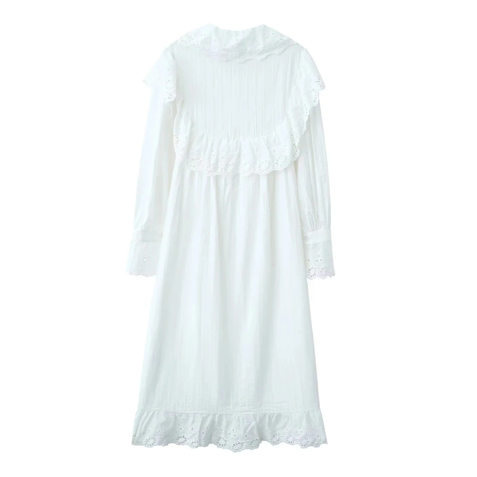 White Ruffle Maxi Dress – Loose Boho V Neck Long Sleeve Gown