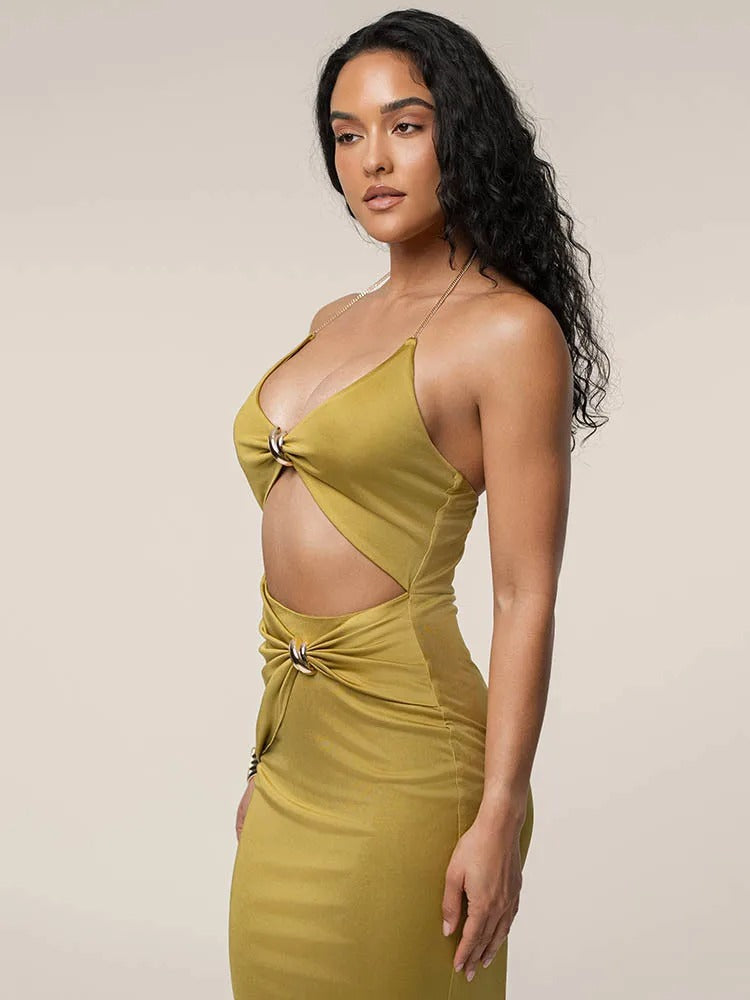 Cut Out Halter Midi Dress – Backless Bodycon Party Dress
