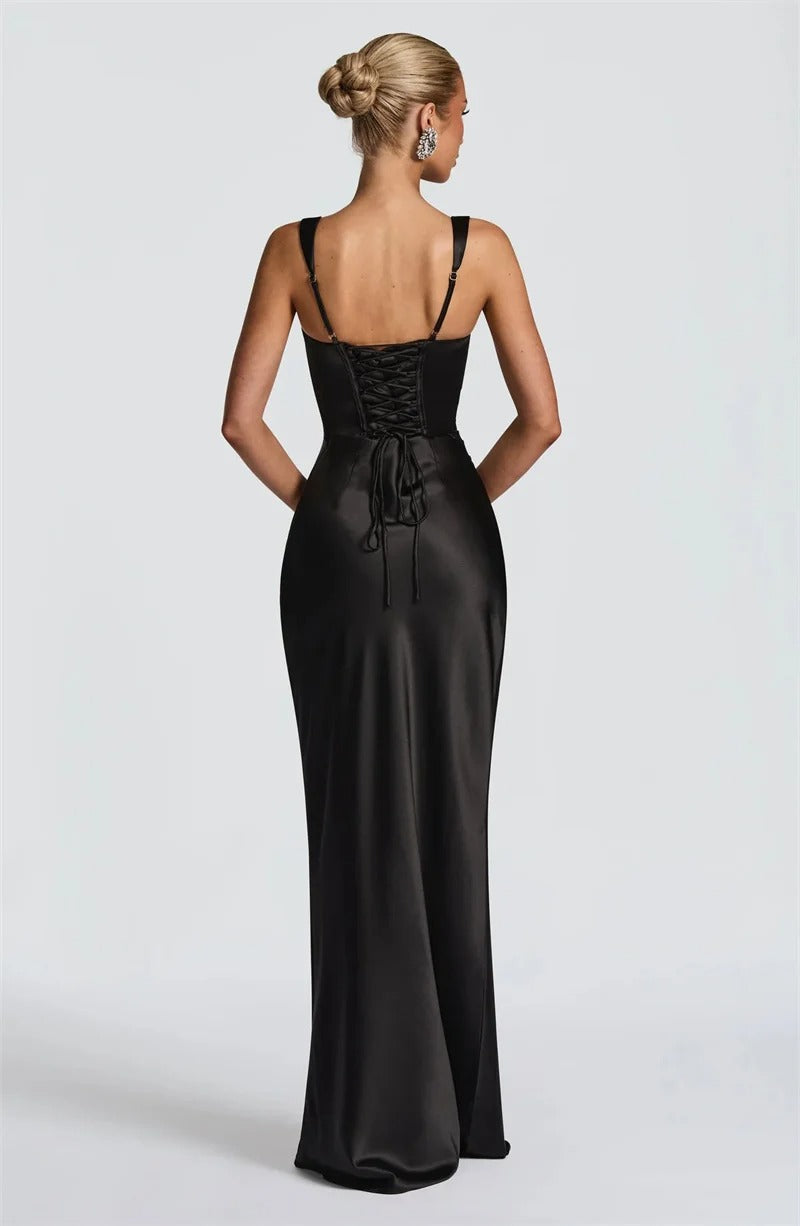 Elegant Lace Up Satin Backless Maxi Dress – Evening Gown