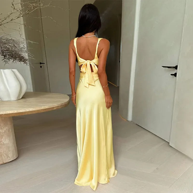 Satin Maxi Dress – Deep V Neck Cut Out Evening Gown