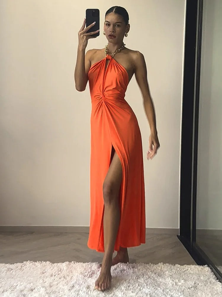 Halter Neck Maxi Dress – Satin High Slit Gown