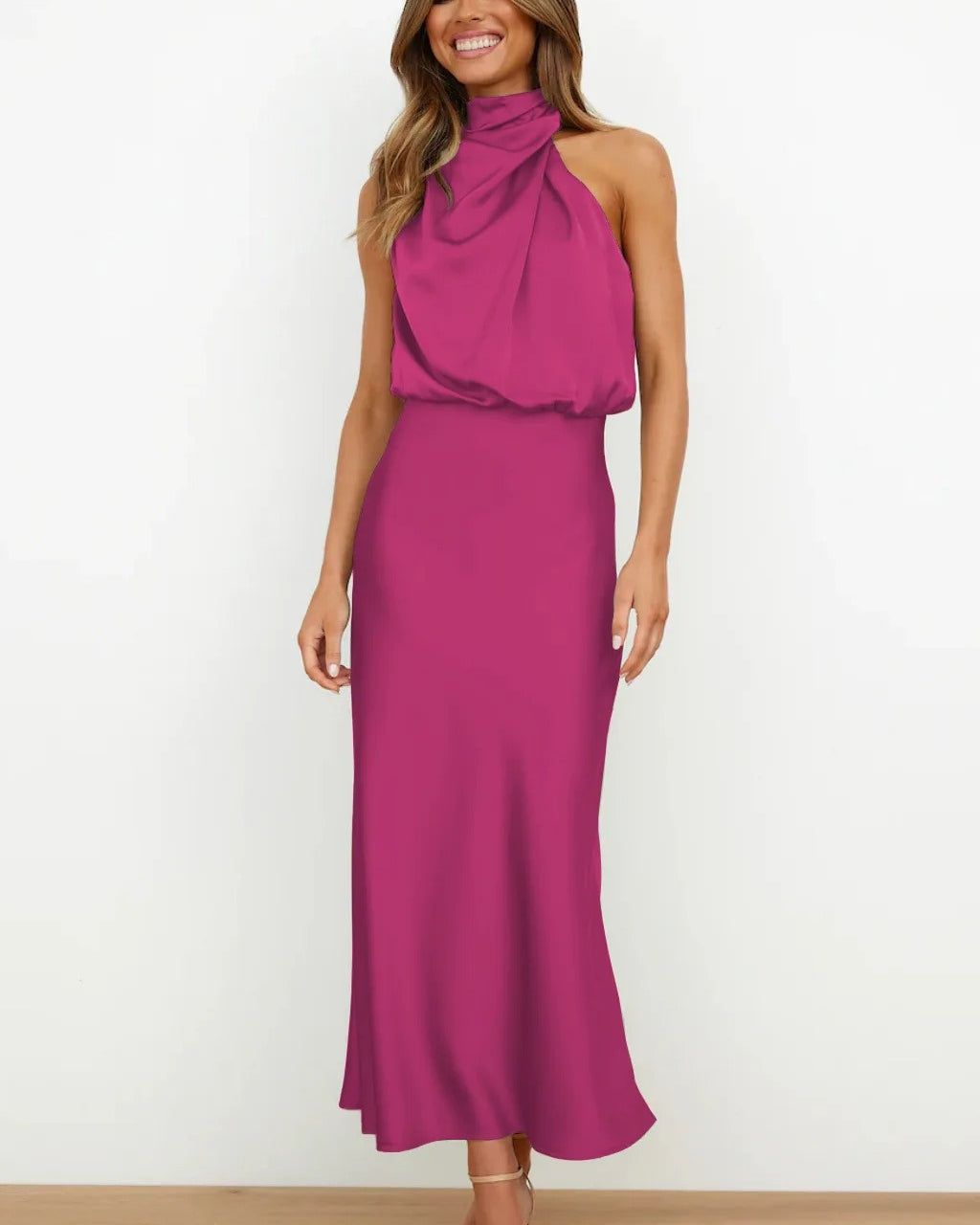 Satin Halter Neck Evening Dress Formal Gown