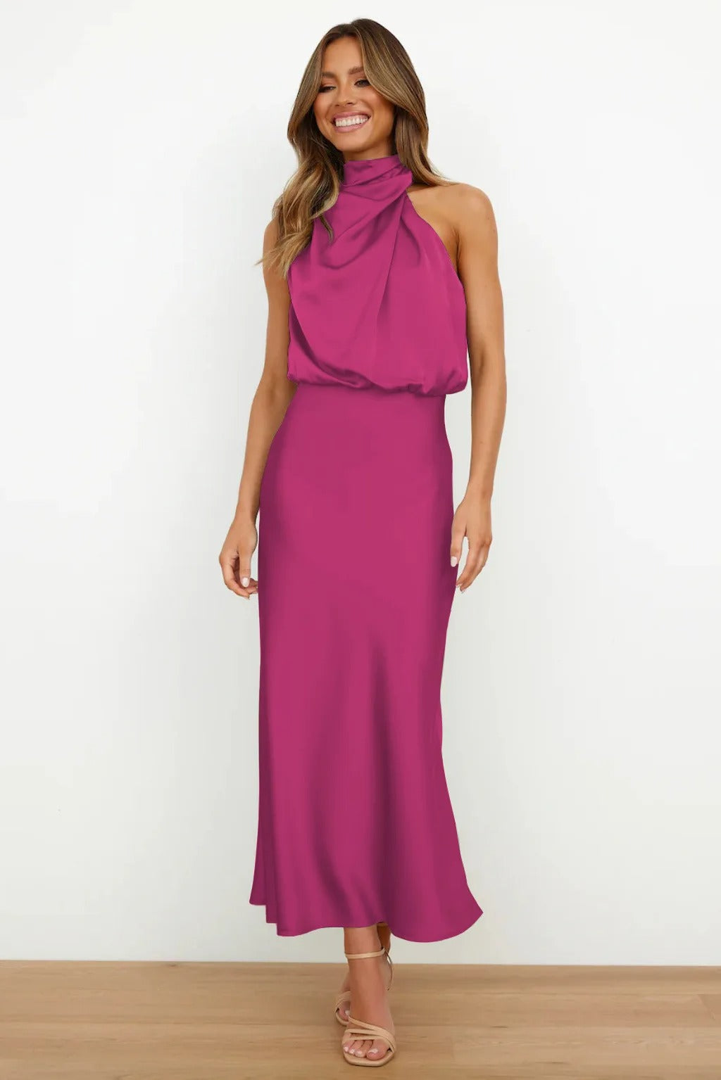 Satin Halter Neck Evening Dress Formal Gown