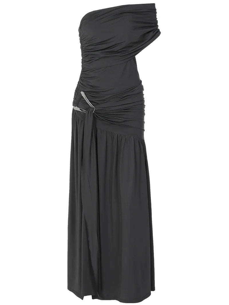 One Shoulder Maxi Dress – Ruched High Slit Gown