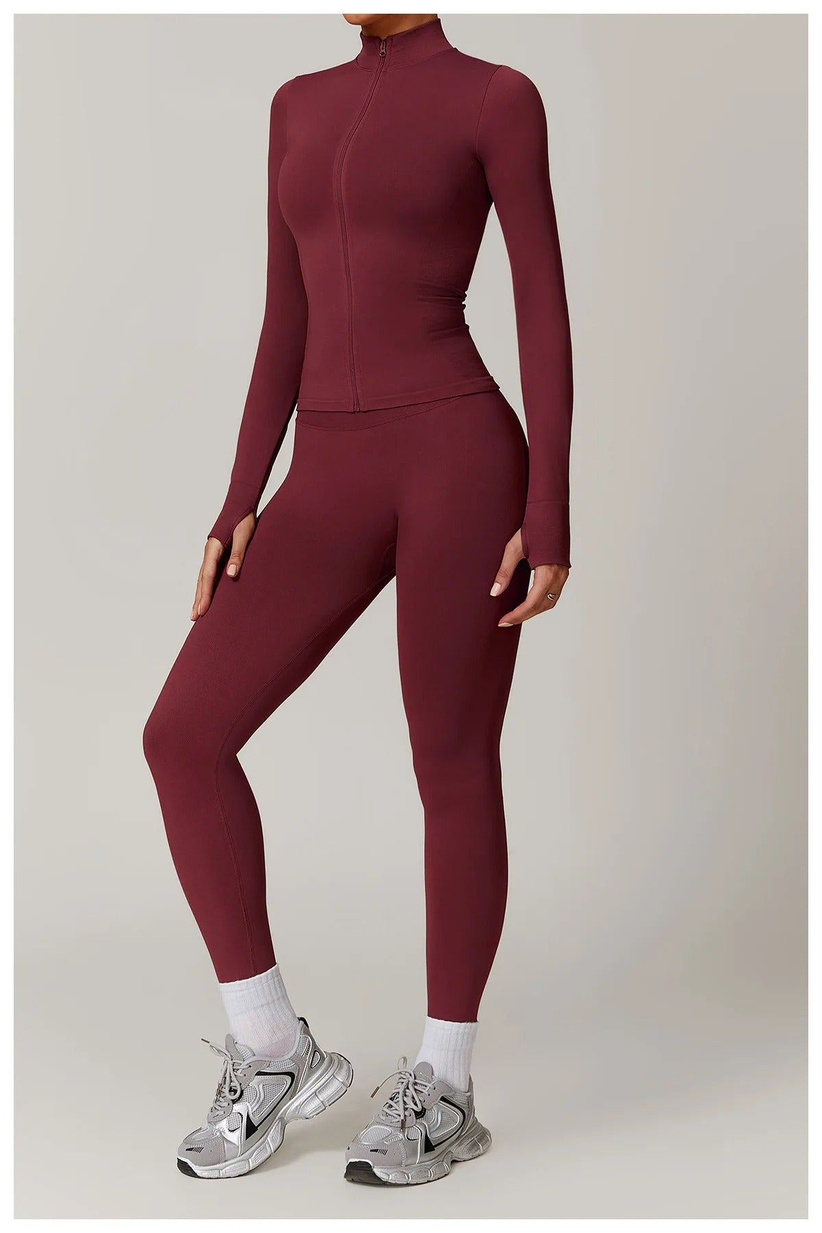 Seamless Yoga Set – Long Sleeve Zip Jacket & High Waist Leggings Gym Outfit