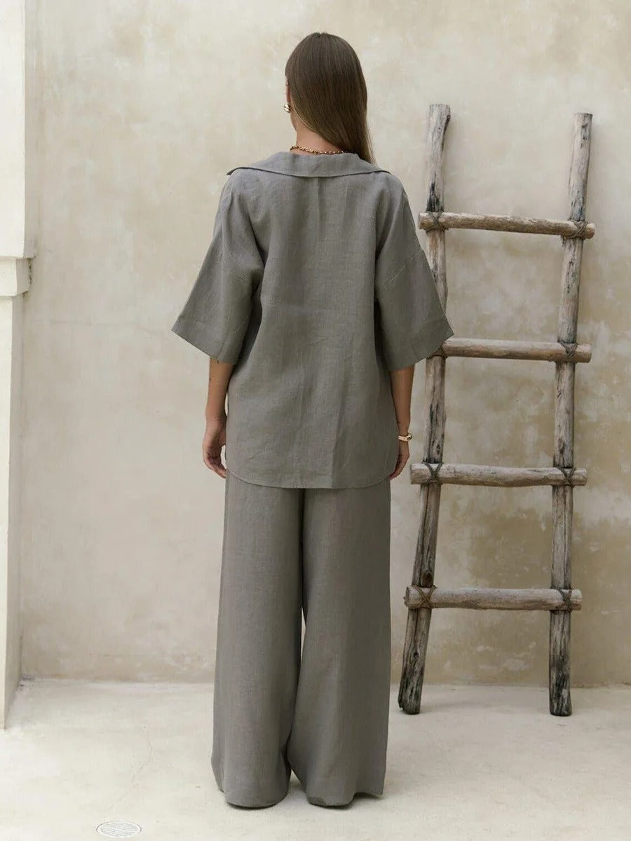Linen Co Ord Set – Oversized Shirt and Wide Leg Trousers